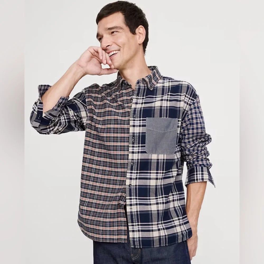 Banana Republic men’s RELAXED-FIT PATCHWORK OXFORD shirt L plaid
